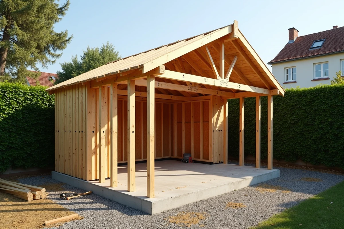 Abri de jardin en bois en cours de construction dans un jardin résidentiel, exemple de surface autorisée sans permis