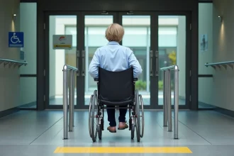 Femme en fauteuil roulant accédant à un bâtiment public équipé d'une rampe PMR et de portes automatiques