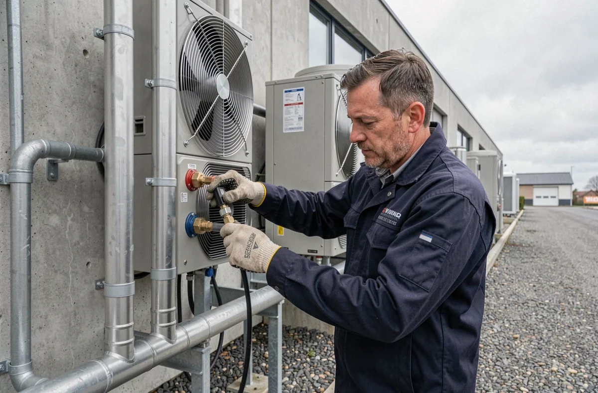 Technicien ADT Génie Climatique installant une pompe à chaleur en Ille-et-Vilaine