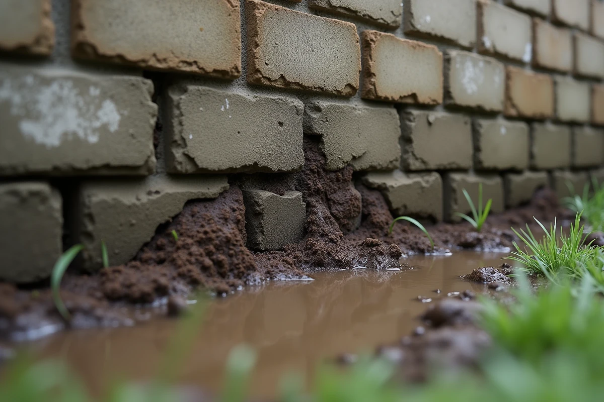 Affaissement et fissures verticales à la base d'un mur de clôture en parpaing avec fondation insuffisante dans un sol détrempé après la pluie