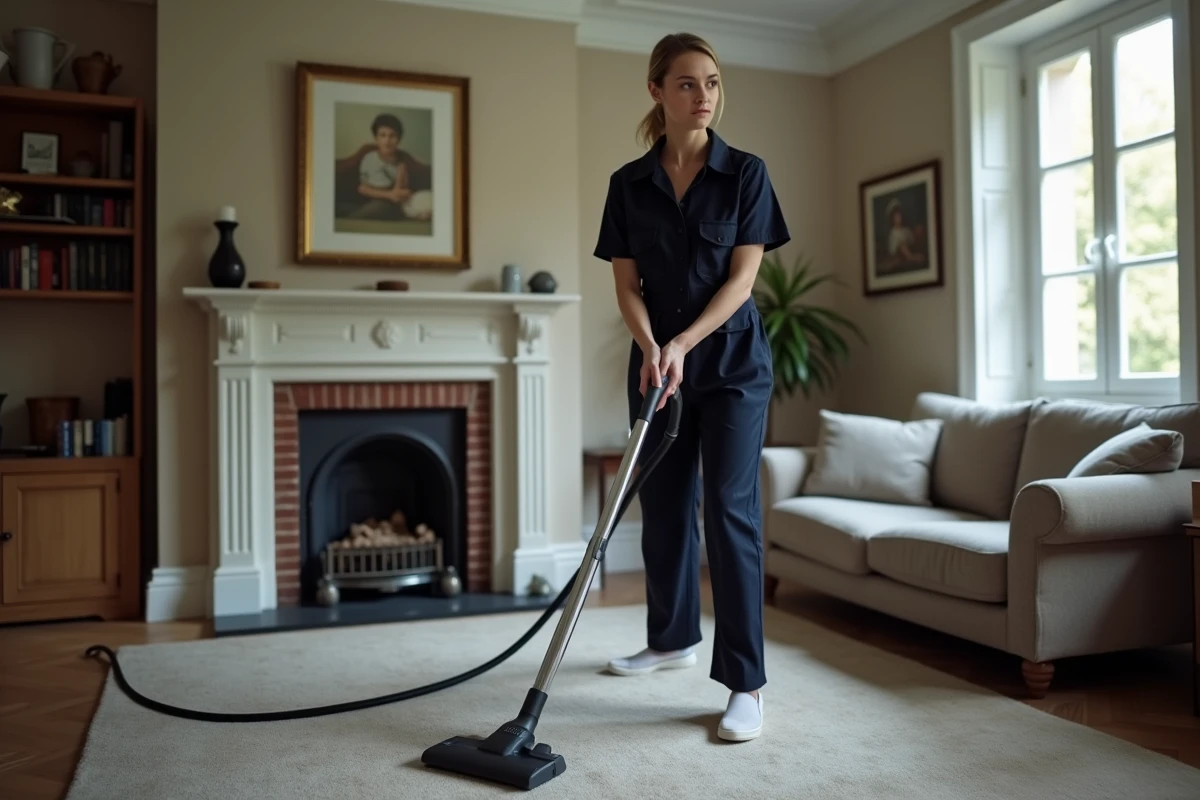 Aide ménagère passant l'aspirateur dans un salon classique d'une maison bruxelloise