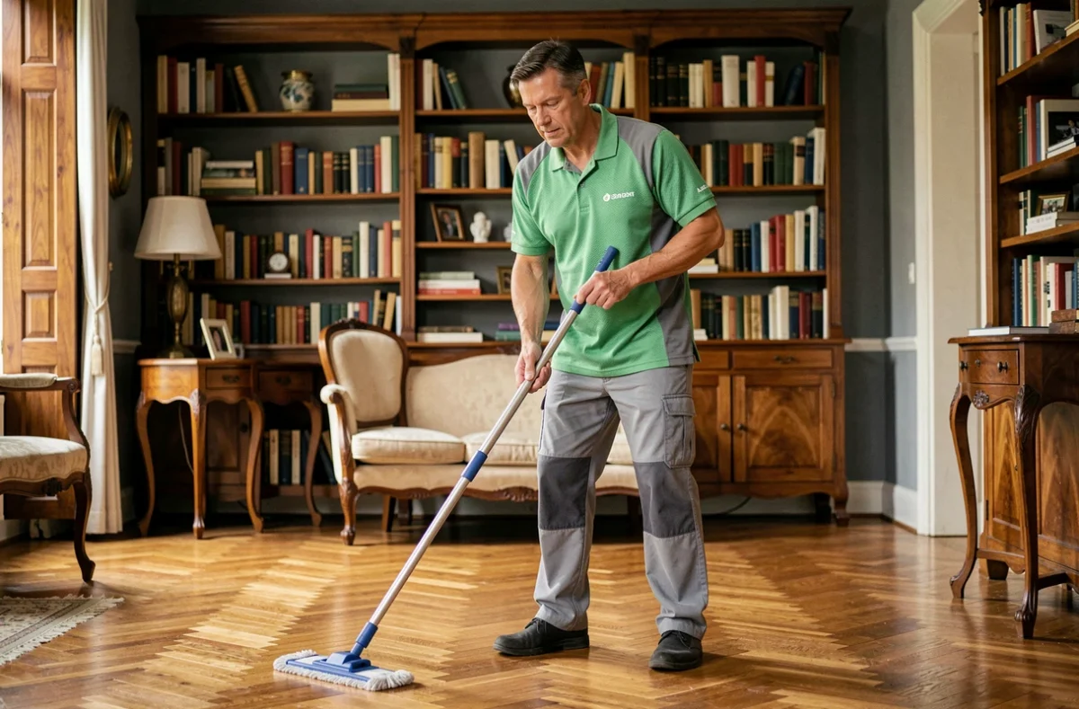 Agent de ménage Alavenir Clean en uniforme vert et gris nettoyant le parquet d'une maison familiale en Île-de-France