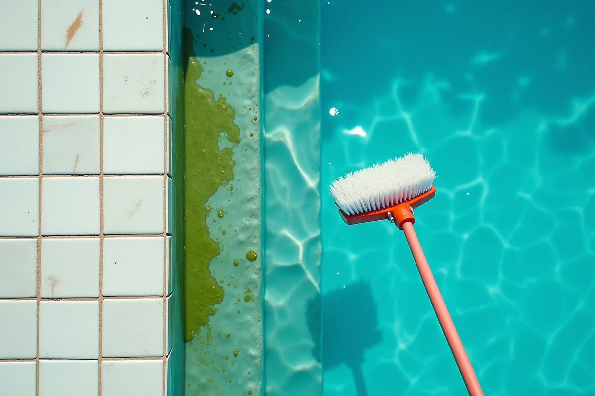 Vue aérienne d'une piscine avec début d'algues vertes sur les parois nécessitant un traitement choc