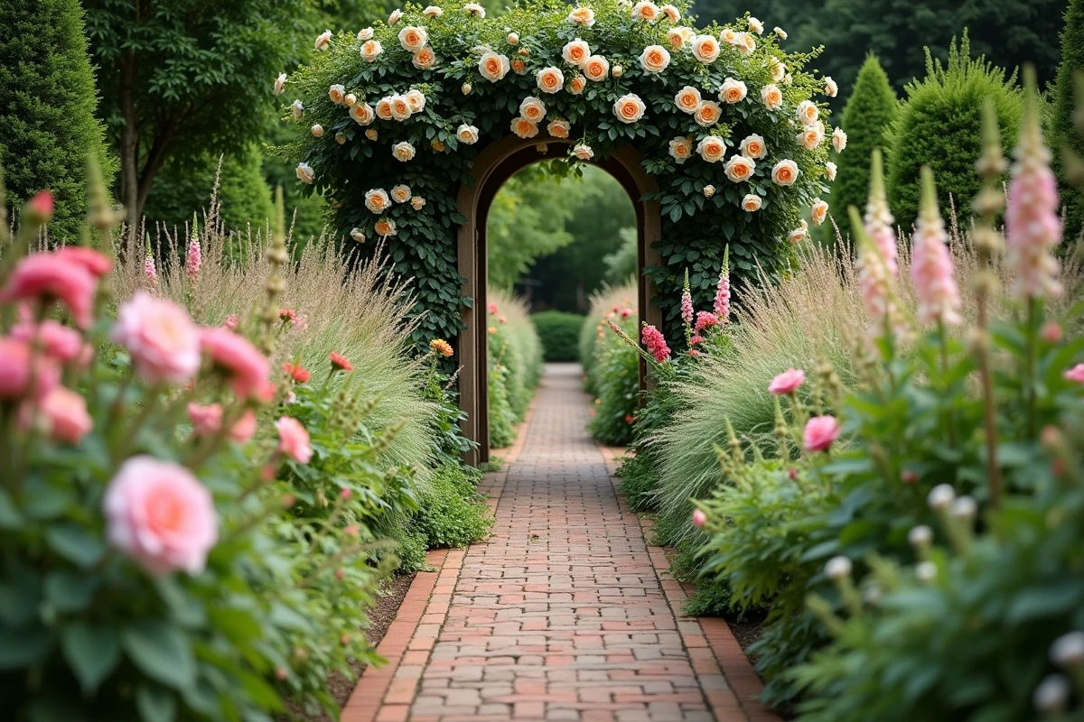 Allée de jardin champêtre bordée de roses, digitales et graminées ornementales en été