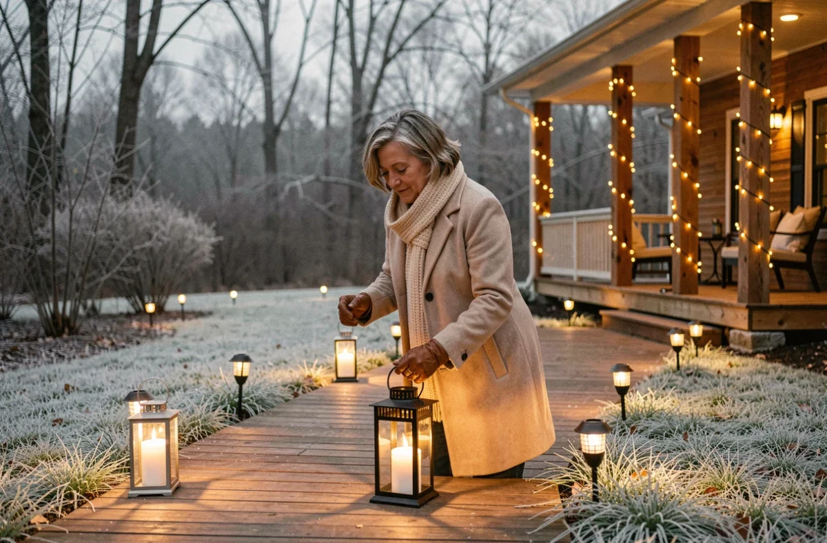 Femme décorant une allée de jardin avec des lanternes et guirlandes LED pour Noël