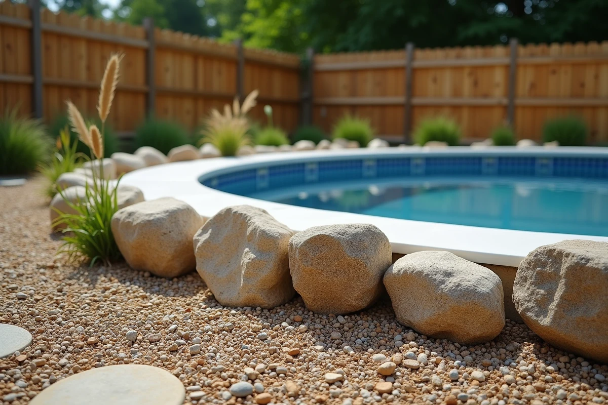 Aménagement paysager avec pierres et graviers autour d'une piscine hors sol ovale en jardin campagnard