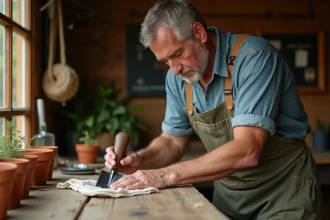 Jardinier appliquant de l'huile minérale sur une truelle en métal dans un atelier de jardinage rustique