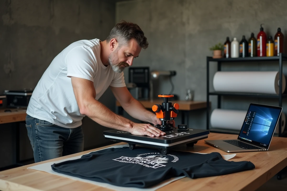 Homme utilisant une presse à chaud compacte pour appliquer un transfert DTF sur un sweat à capuche noir dans un atelier maison