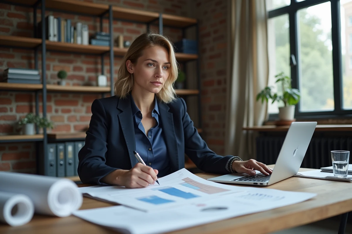 Architecte analysant les tendances des prix des matériaux de construction sur des documents budgétaires dans un bureau professionnel