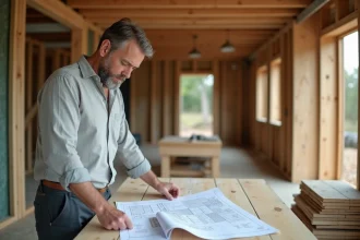 Architecte examinant des plans de construction sur un chantier de bâtiment durable en ossature bois