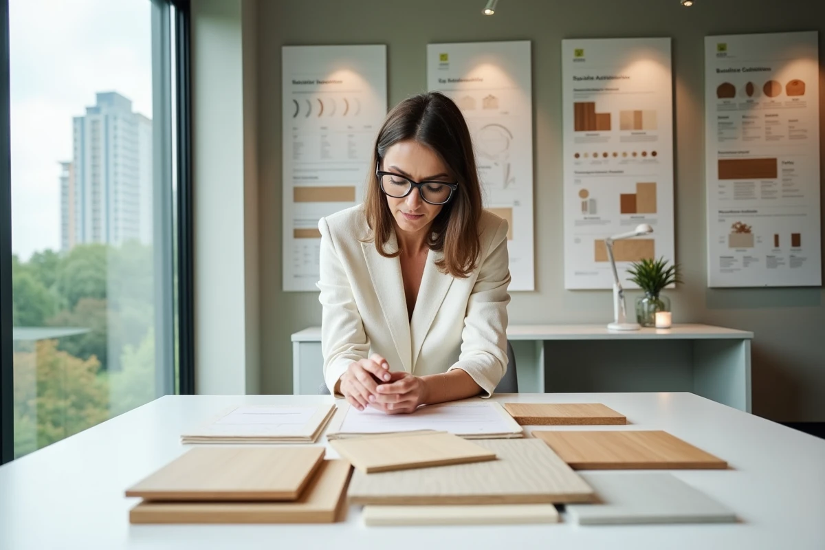 Architecte féminine examinant des échantillons de fibrecouture plaquage sur une table dans un bureau d'architecture éco-responsable