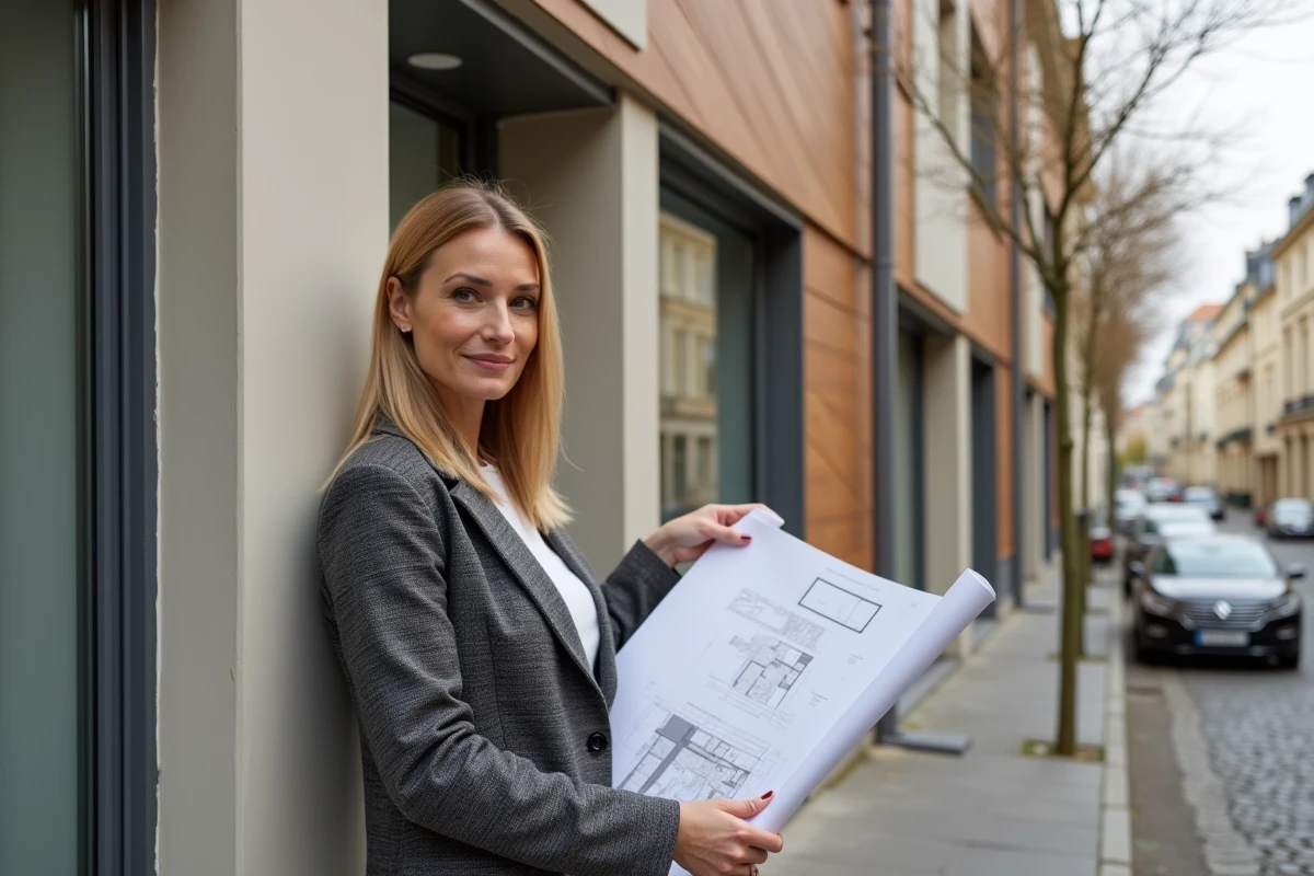 Architecte féminine présentant les plans de rénovation devant une façade d'immeuble modernisée avec bardage bois et enduit contemporain en milieu urbain