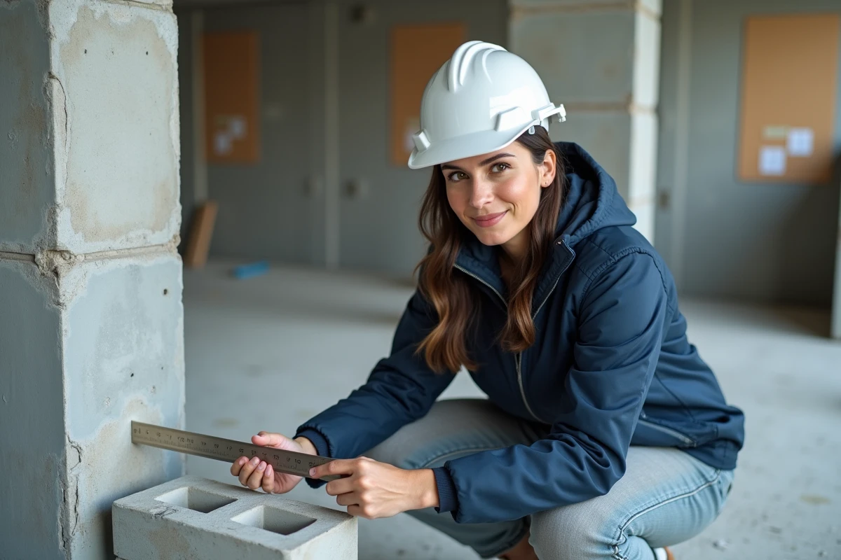 Architecte mesurant l'épaisseur d'un mur en parpaing de 20 cm à l'intérieur d'un chantier résidentiel