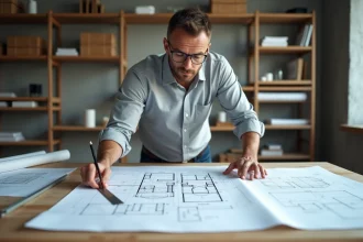 Architecte mesurant un plan architectural avec une règle métallique sur une table à dessin couverte de blueprints techniques et de fiches de dimensions standard