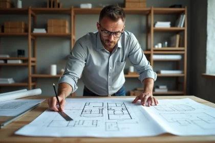 Architecte mesurant un plan architectural avec une règle métallique sur une table à dessin couverte de blueprints techniques et de fiches de dimensions standard