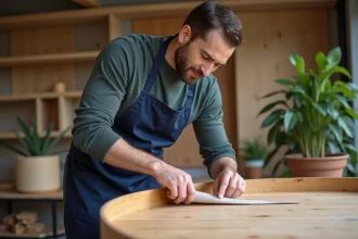 Artisan appliquant un panneau de fibrecouture plaquage sur une surface courbe dans un atelier de design durable