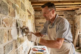 Artisan appliquant un joint à la chaux sur un mur en pierre intérieur avec une truelle de jointoiement