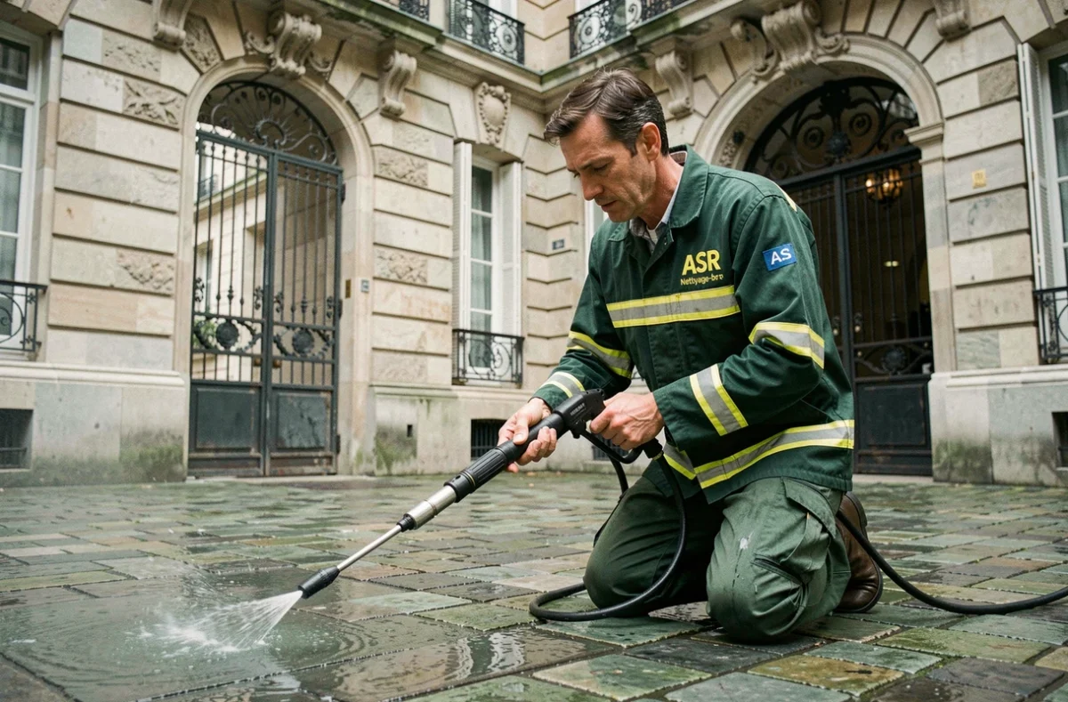 Agent ASR Nettoyage en veste verte et jaune nettoyant au jet haute pression la cour pavée d'une copropriété parisienne classique
