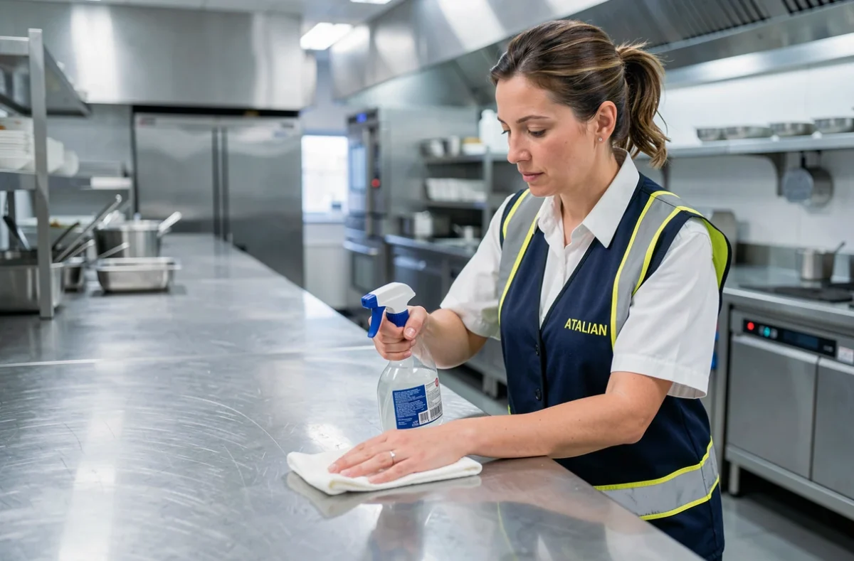 Agente ATALIAN Propreté en gilet jaune et tenue blanche désinfectant un plan de travail en inox dans une cuisine professionnelle parisienne