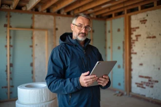 Technicien réalisant un audit énergétique dans un logement en cours de rénovation thermique