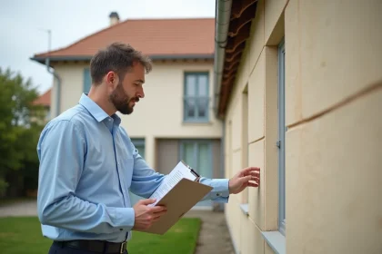 Auditeur énergétique inspectant l'isolation extérieure d'une maison pour évaluer le DPE