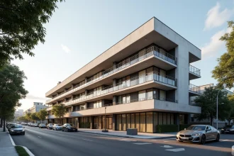 Façade d'immeuble résidentiel moderne avec balcon filant continu longeant toute la largeur du bâtiment, vue depuis la rue