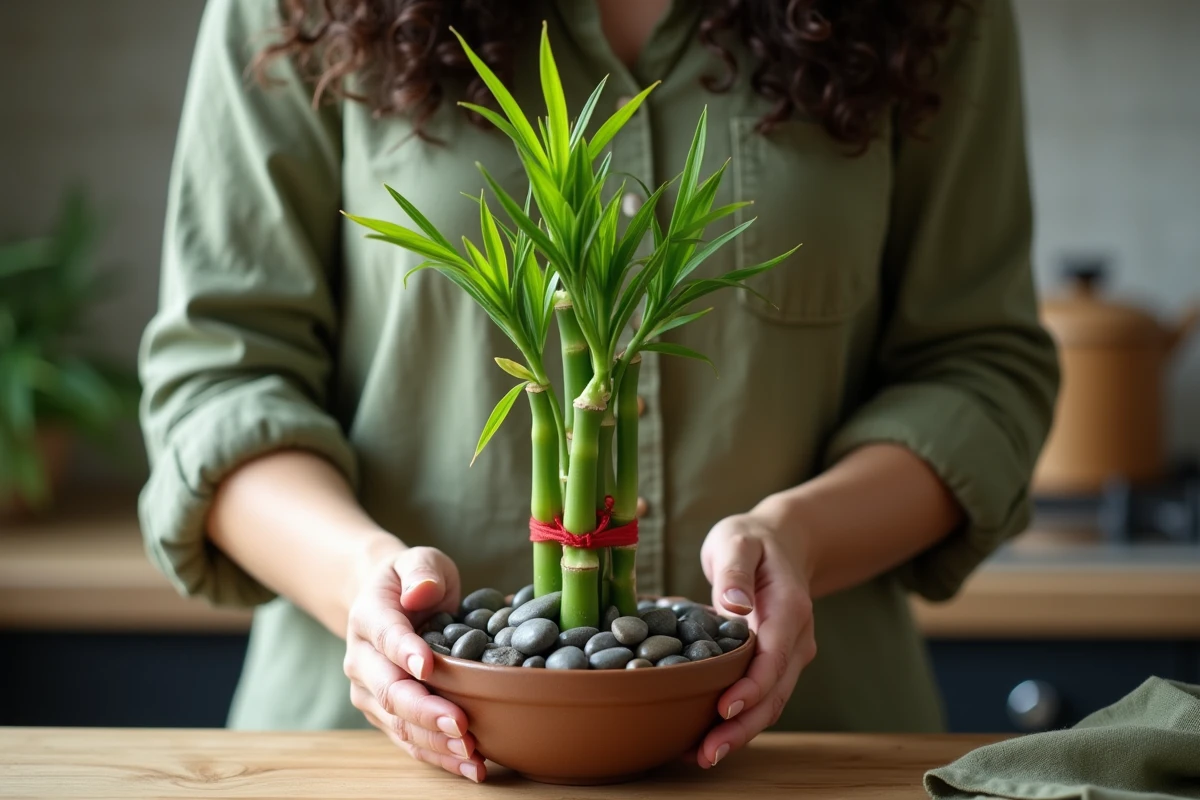 Femme rempotant un bambou porte-bonheur dans un bol en céramique, plante feng shui pour attirer l'argent et la chance