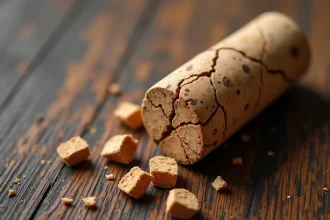 Bouchon en liège détérioré avec fragments s'effritant sur une table en bois ancien, illustrant les inconvénients du liège