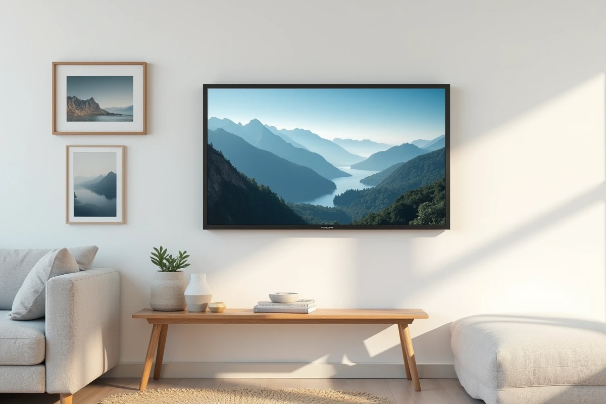 Cadre photo connecté accroché au mur d'un salon décoré, affichant une photo paysage nette et colorée