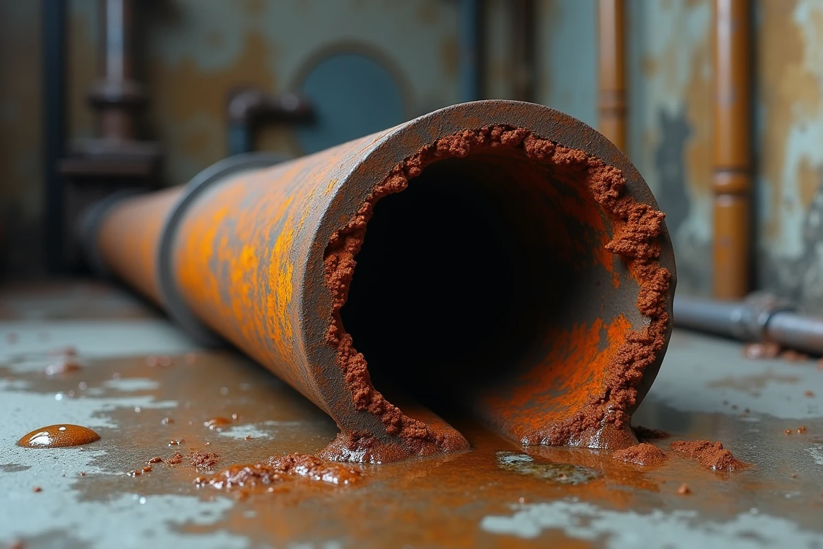 Coupe transversale d'une canalisation en métal fortement corrodée avec dépôts de rouille orange et marron, illustrant la dégradation des tuyaux d'eau potable