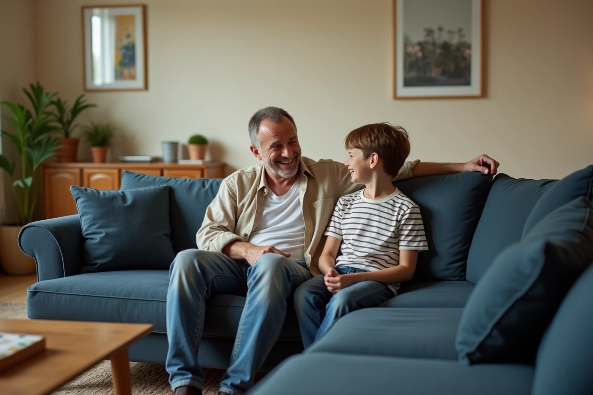 Père et fils riant ensemble sur un canapé d'angle en tissu microfibre bleu marine dans un salon familial chaleureux