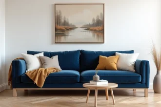 Canapé bleu marine en velours dans un salon aux murs blancs avec parquet chêne clair