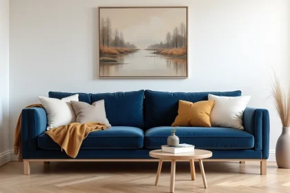 Canapé bleu marine en velours dans un salon aux murs blancs avec parquet chêne clair
