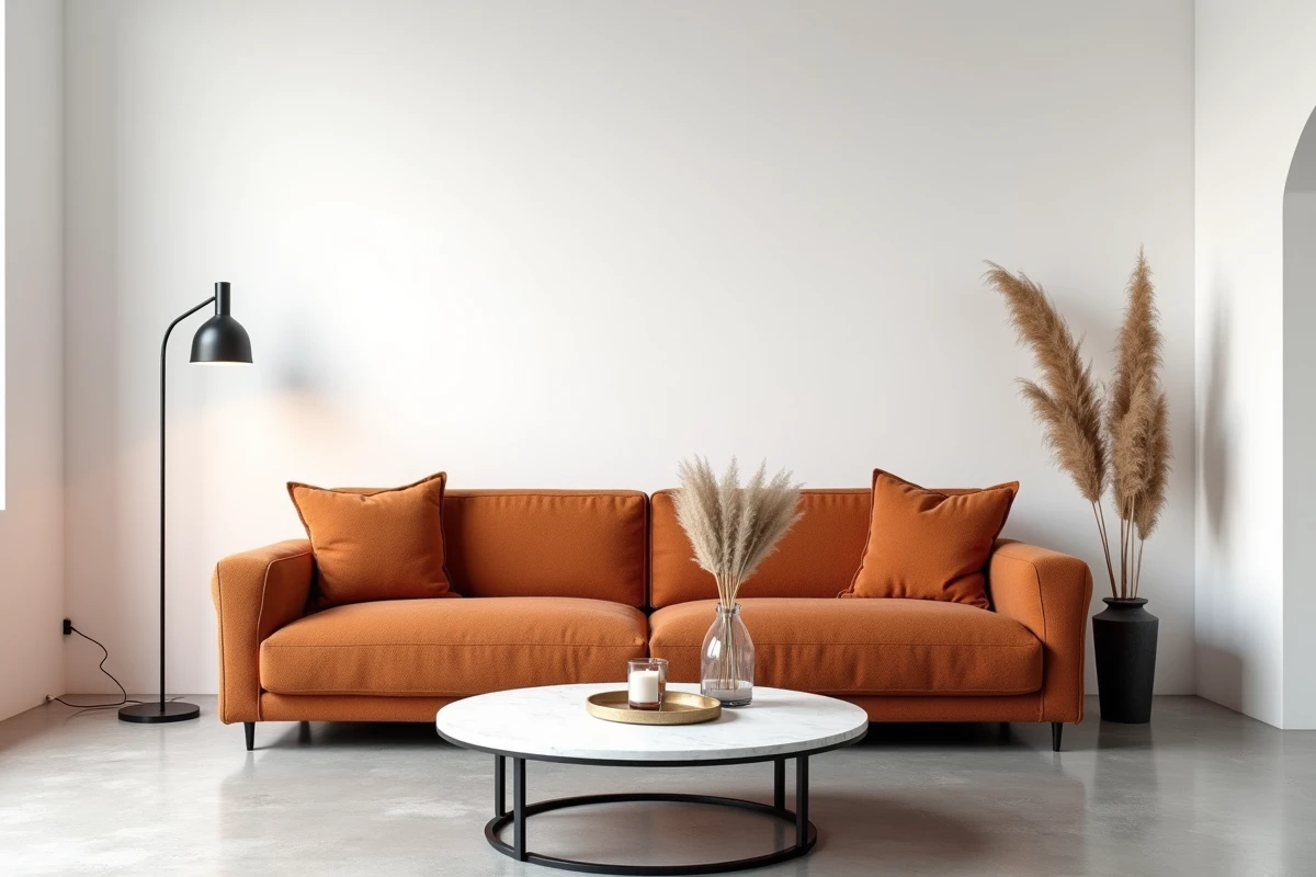 Canapé terracotta en tissu bouclé face à des murs blancs dans un intérieur contemporain
