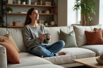 Femme assise confortablement sur un canapé en tissu lin beige dans un salon scandinave moderne