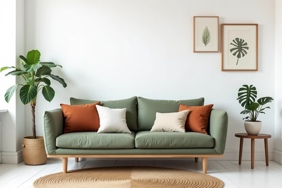 Canapé vert sauge en lin style scandinave avec murs blancs et décoration naturelle