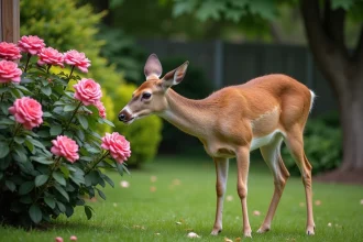 Un cerf s'approchant d'un rosier en fleurs dans un jardin de banlieue
