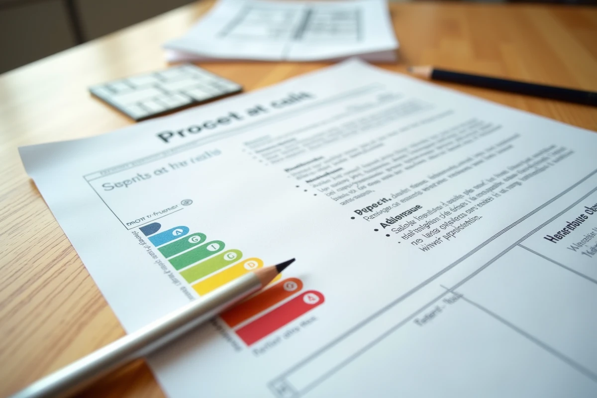 Certificat DPE avec la classe D mise en évidence posé sur un bureau en bois avec des plans architecturaux