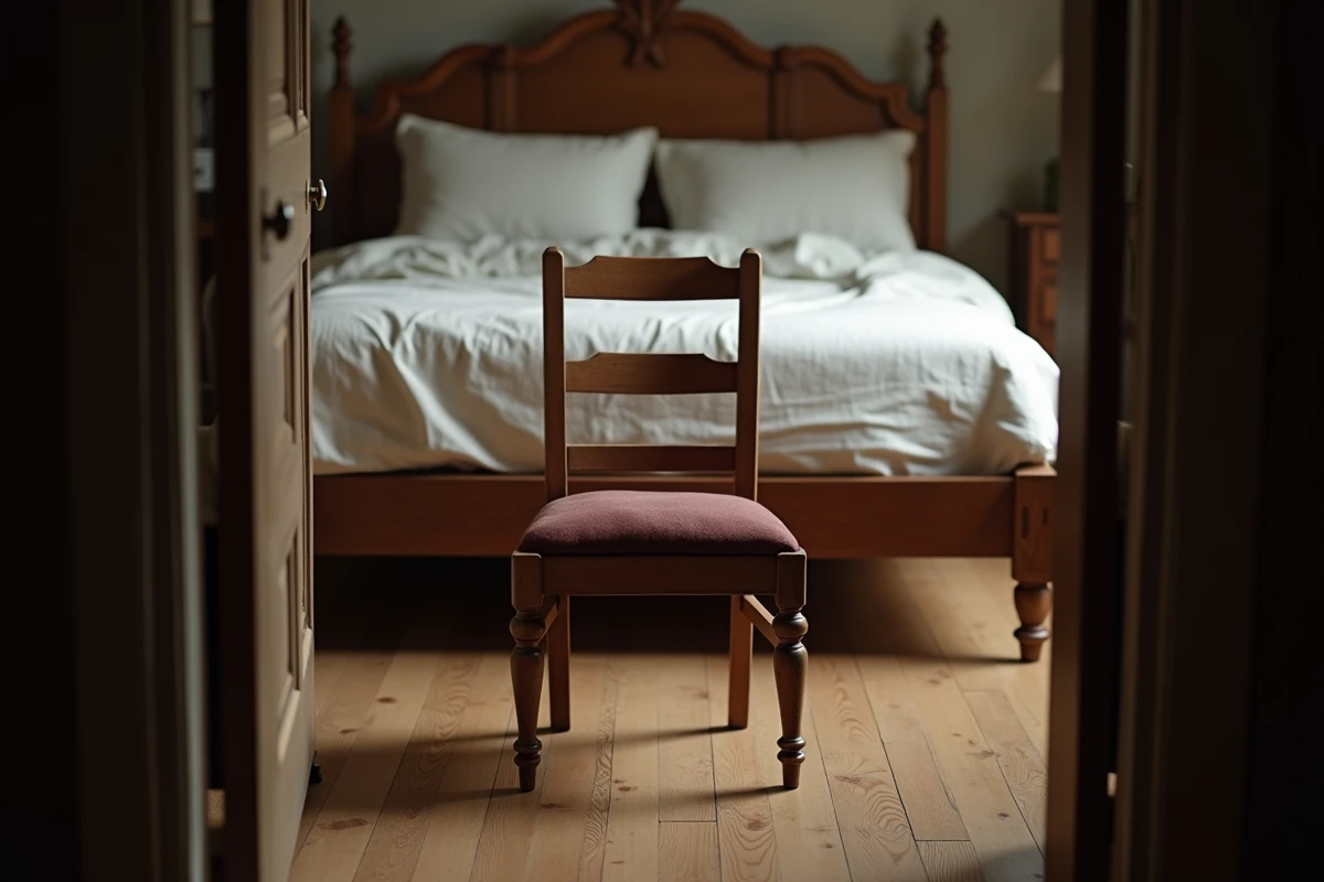 Chaise ancienne en bois placée face à un lit défait dans une chambre rustique vue depuis le seuil de la porte