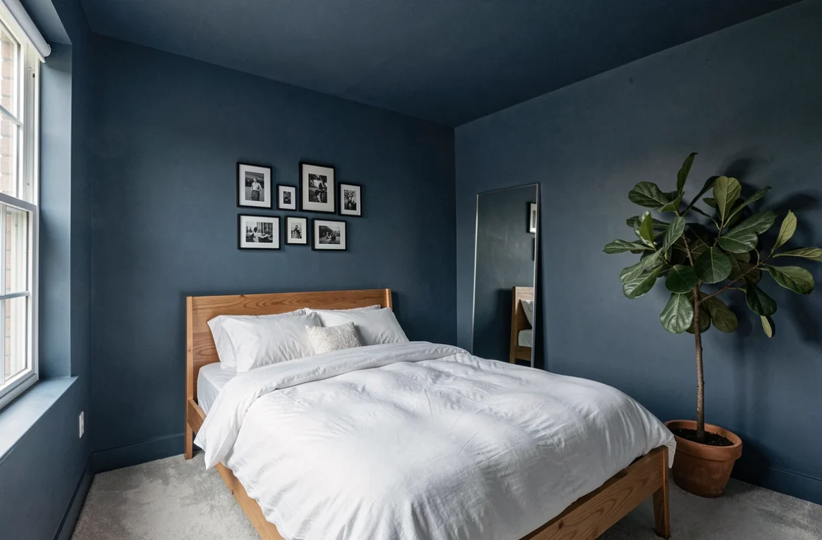 Chambre adulte compacte peinte en bleu ardoise profond du sol au plafond avec lit en noyer et miroir au sol, illustrant l'effet cocon et l'illusion d'espace dans une petite pièce
