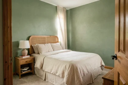 Petite chambre adulte peinte en vert sauge mat avec literie en lin ivoire et tête de lit en rotin, illustrant comment une teinte douce agrandit visuellement l'espace