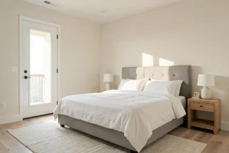 Chambre lumineuse avec un lit en diagonale de la porte