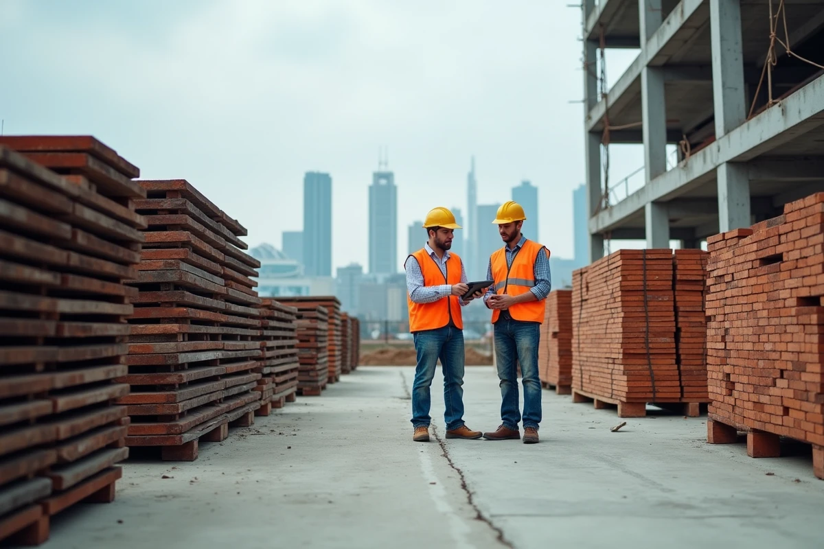 Chantier de construction urbain avec matériaux empilés et ouvriers discutant des coûts d'approvisionnement en 2026