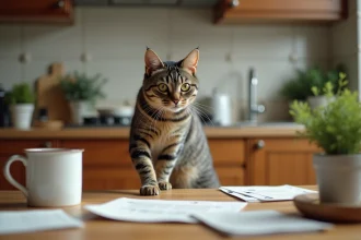 Chat tigré adulte qui monte sur une table de cuisine en bois avec des objets du quotidien