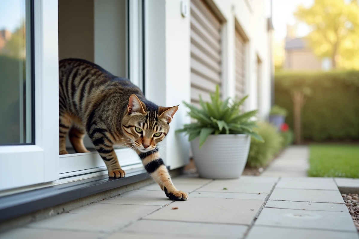Chat passant par une chatière installée dans une porte PVC blindée
