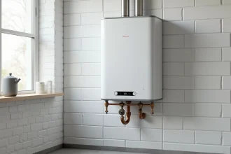 Chaudière à condensation moderne installée sur un mur carrelé blanc dans une buanderie résidentielle, avec tuyaux en acier inoxydable et panneau de contrôle numérique