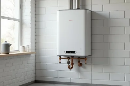 Chaudière à condensation moderne installée sur un mur carrelé blanc dans une buanderie résidentielle, avec tuyaux en acier inoxydable et panneau de contrôle numérique