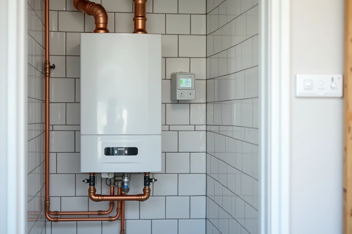 Chaudière à condensation et thermostat programmable installés dans une chaufferie pour améliorer le classement énergétique