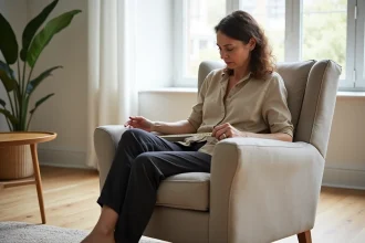 Femme mesurant la largeur d'un fauteuil rembourré pour choisir la bonne taille dans un salon scandinave