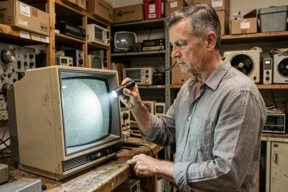 Un homme inspecte attentivement un téléviseur vintage CRT des années 70 dans un atelier de réparation d'antiquités